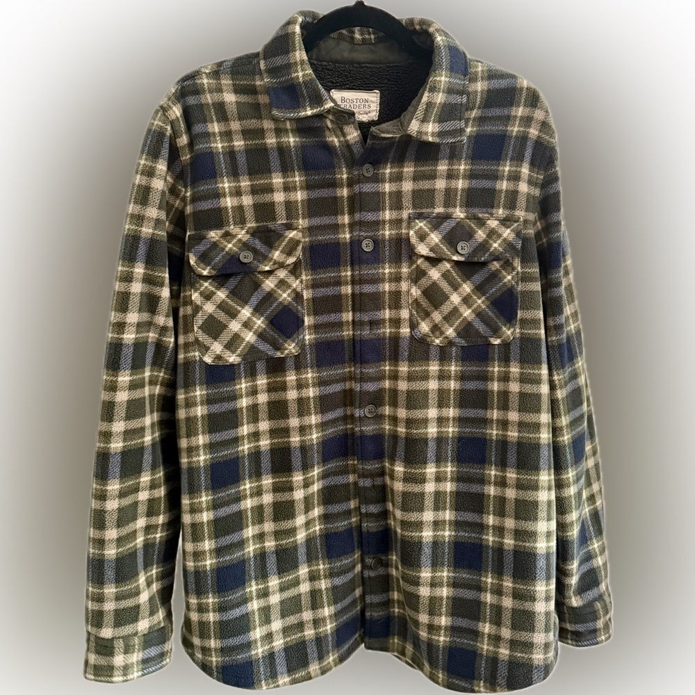 Blue and Green Plaid Button-Up Oversized Fleece Lined Jacket